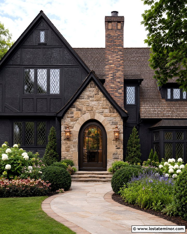 Soft Black Tudor House With Arched Storm Door - 30 Soft Black House Design With Storm Door Ideas