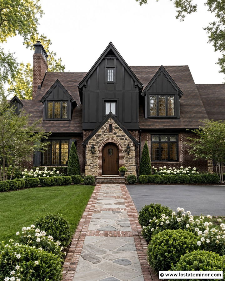Soft Black Tudor House With Brick And Stone Walkway - 30 Soft Black House Design With Walkway Ideas