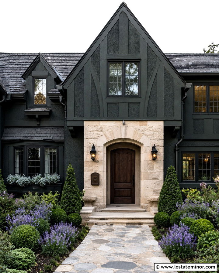 Soft Black Tudor House With Bronze Mailbox - 30 Soft Black House Design With Mailbox Ideas