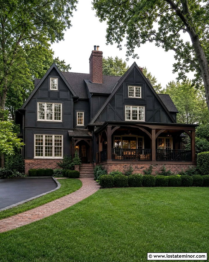 Soft Black Tudor House With Dark Wood Deck - 30 Soft Black House Design With Deck Ideas