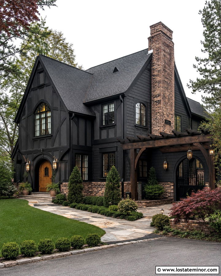 Soft Black Tudor House With Dark Wood Pergola - 30 Soft Black House Design With Pergola Ideas