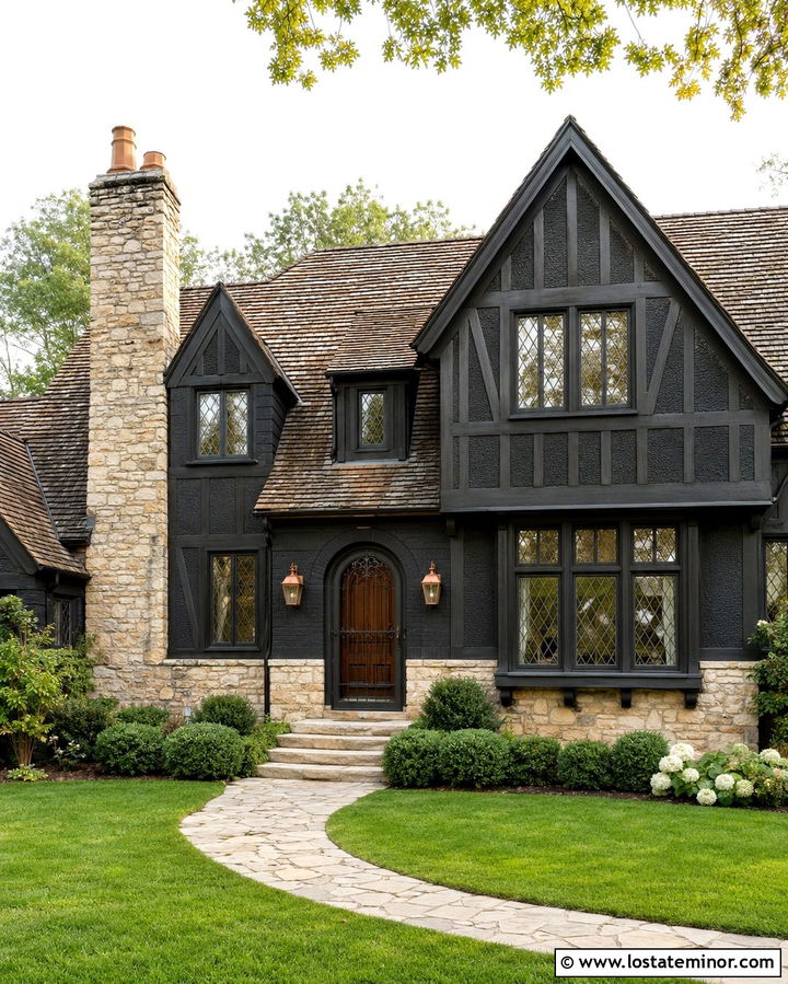 Soft Black Tudor House With Decorative Bronze Storm Door - 30 Soft Black House Design With Storm Door Ideas