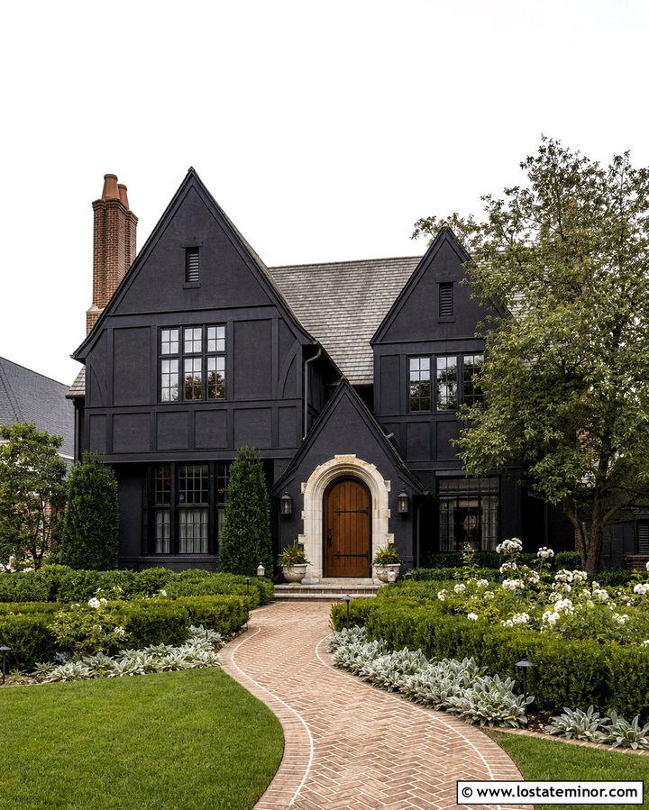 Soft Black Tudor House With Formal Gardens - 30 Soft Black House Design With Landscaping Ideas