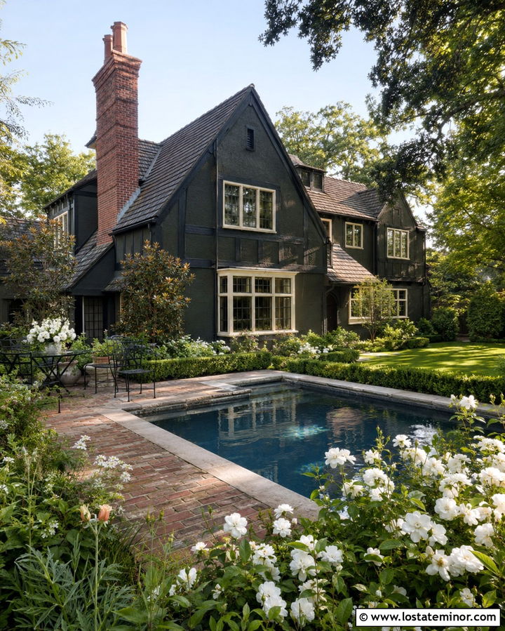 Soft Black Tudor House With Garden Pool - 30 Soft Black House Design With Swimming Pool Ideas