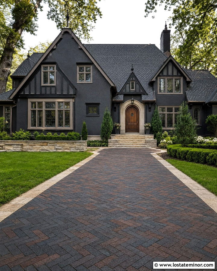Soft Black Tudor House With Herringbone Driveway - 30 Soft Black House Design With Driveway Ideas