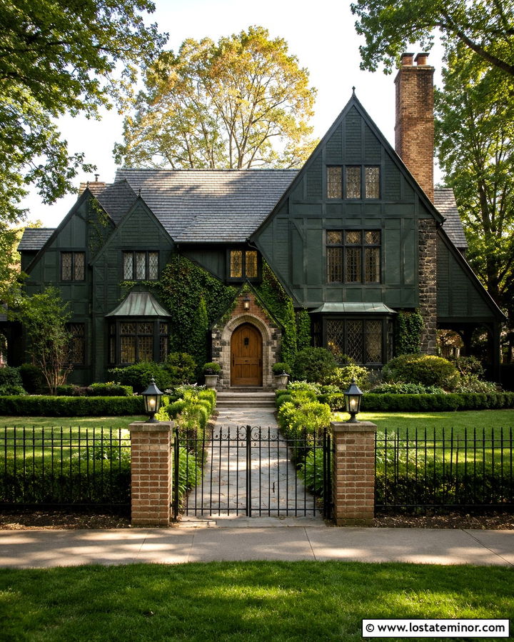 Soft Black Tudor House With Iron Fence - 30 Soft Black House Design With Fence Ideas
