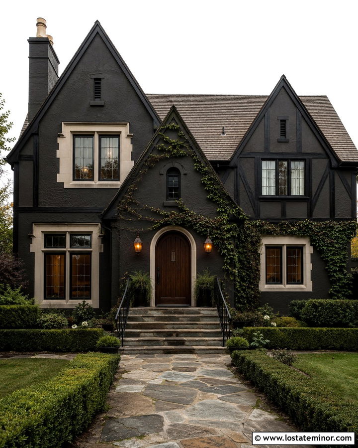 Soft Black Tudor House With Iron Railings - 30 Soft Black House Design With Railings Ideas