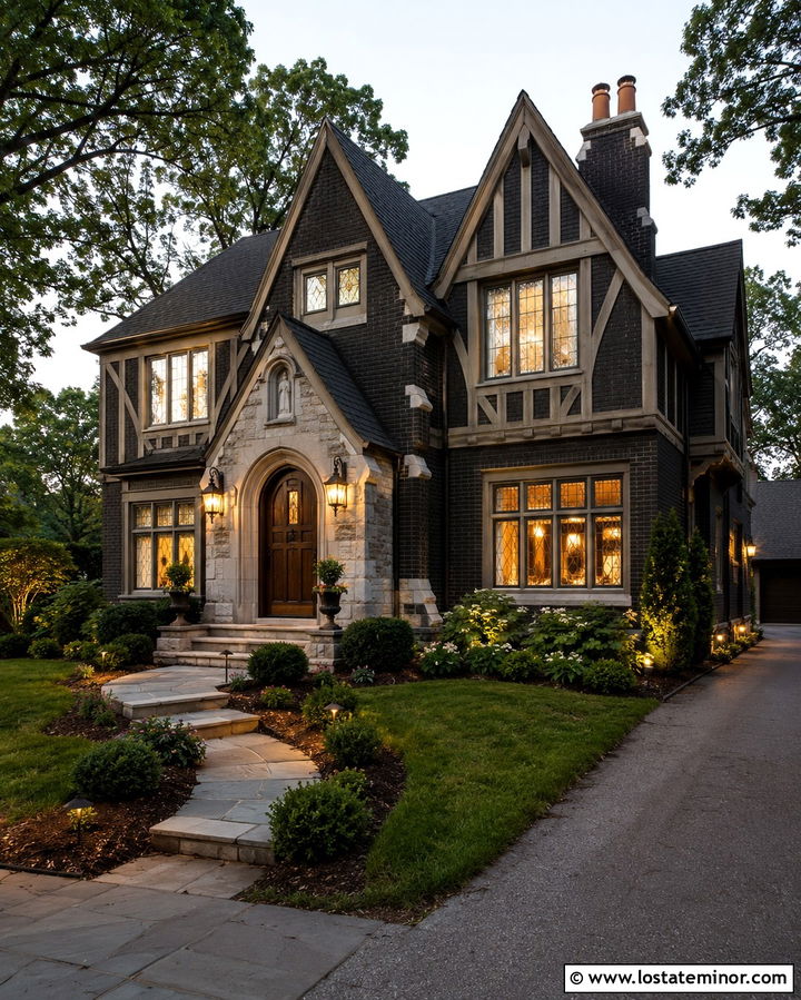 Soft Black Tudor House With Leaded Glass Lanterns - 30 Soft Black House Design With Lighting Ideas