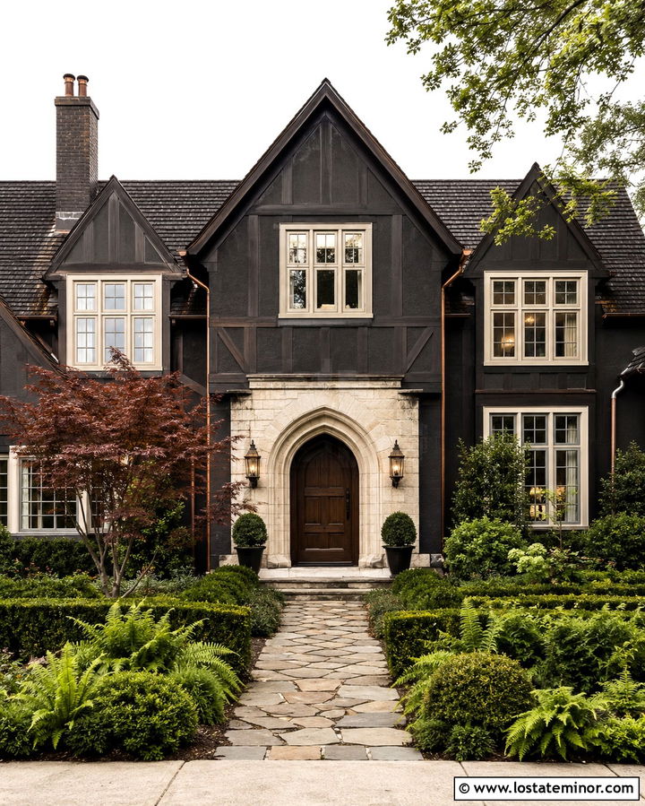 Soft Black Tudor House With Leaded Glass Lanterns - 30 Soft Black House Design With Light Fixtures Ideas