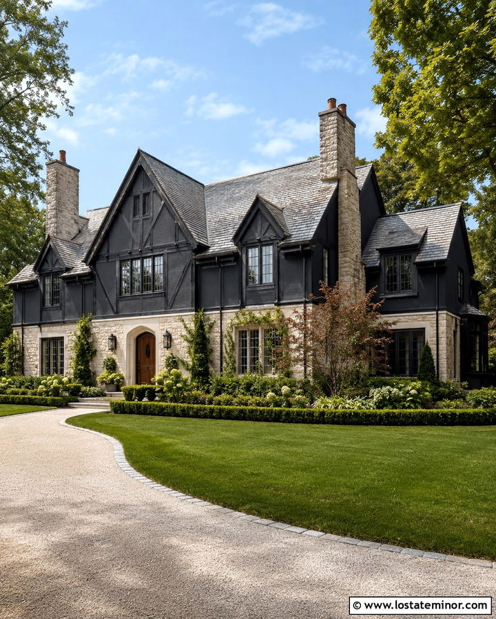 Soft Black Tudor House With Limestone - 30 Soft Black House Design With Stone Accents Ideas