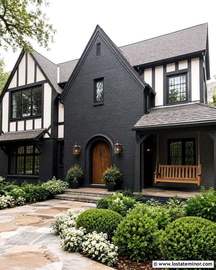 Soft Black Tudor House With Oak Swing - 30 Soft Black House Design With Swing Ideas