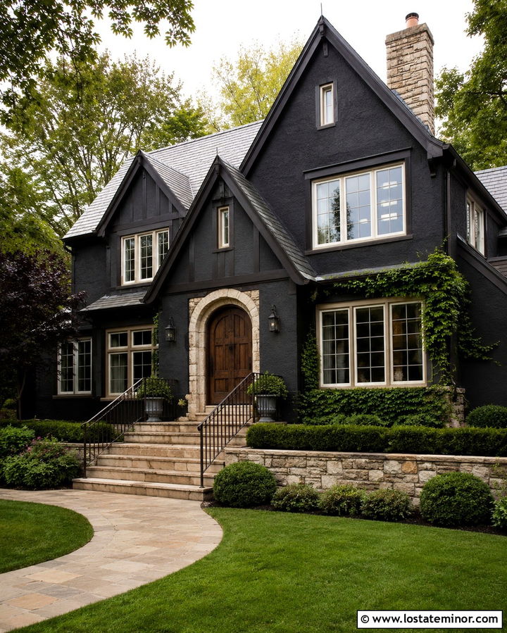 Soft Black Tudor House With Sandstone Steps - 30 Soft Black House Design With Steps Ideas