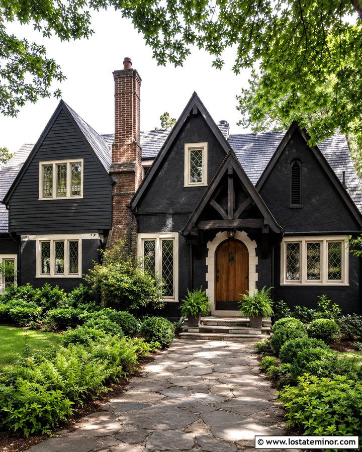 Soft Black Tudor House With Timber Portico - 30 Soft Black House Design With Portico Ideas