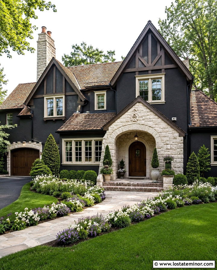Soft Black Tudor With Arched Porch - 30 Soft Black House Design With Front Porch Ideas
