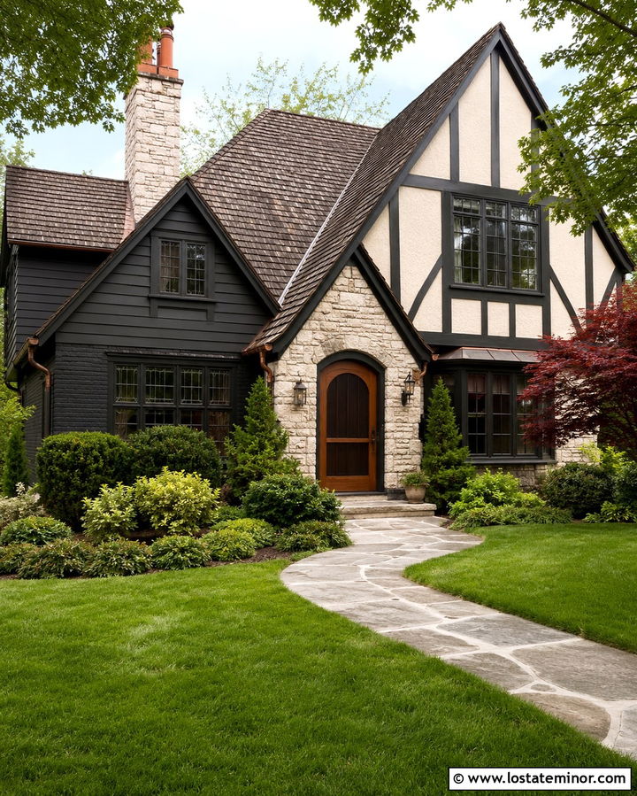 Soft Black Tudor With Arched Screen Door - 30 Soft Black House Design With Screen Door Ideas