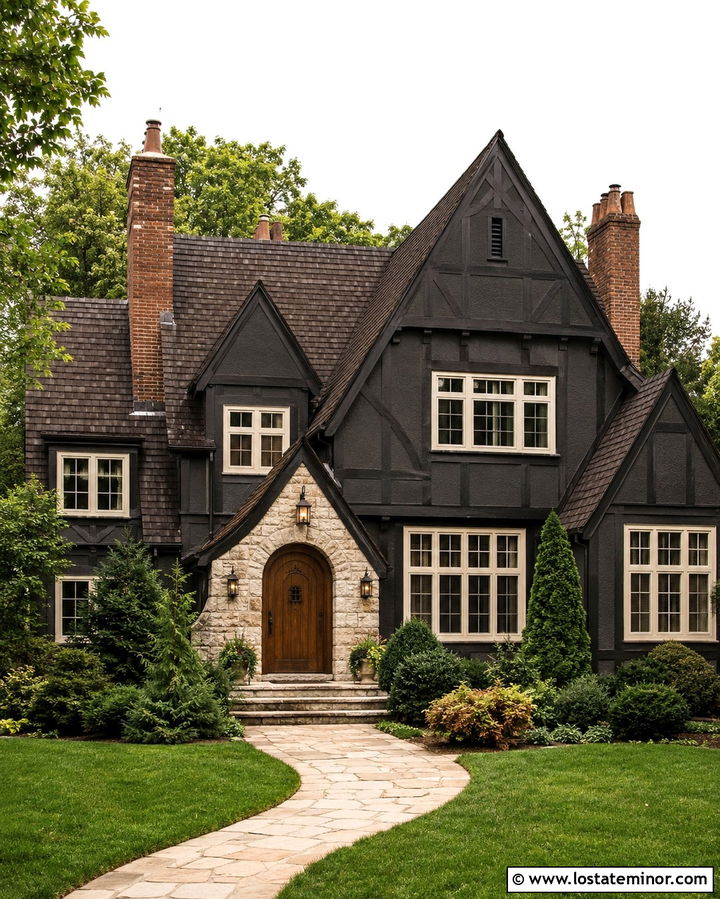 Soft Black Tudor With Brown Roof Shingles - 30 Soft Black House Design With Shingles Ideas