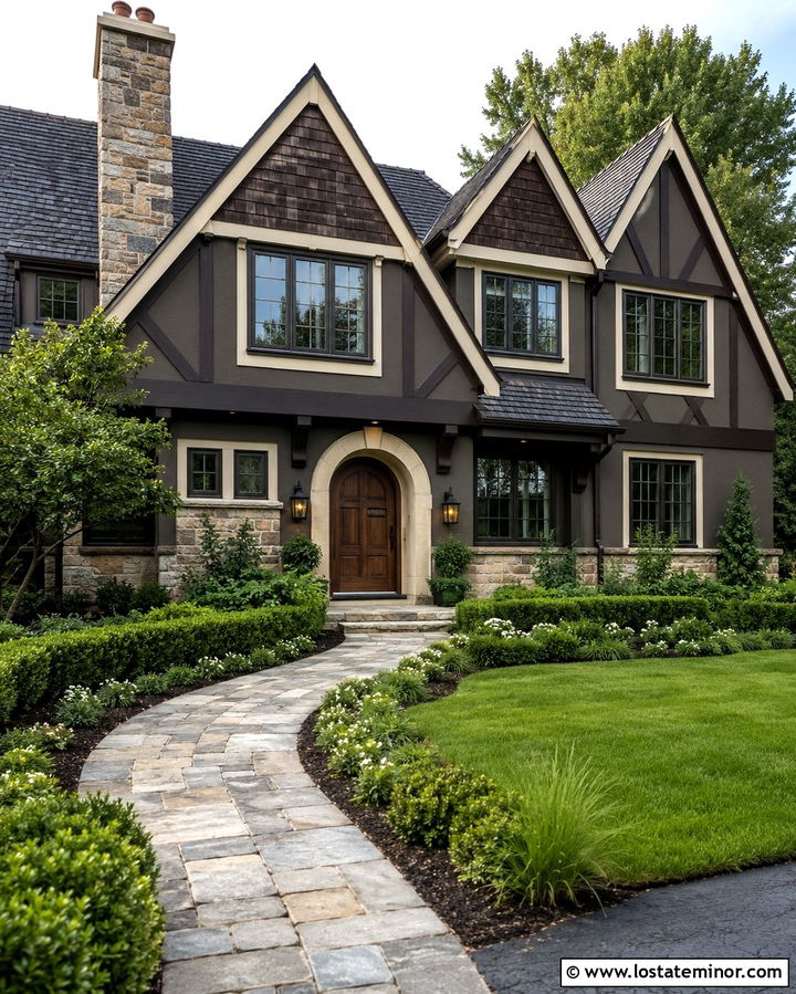 Soft Black Tudor With Cedar Shake Gables - 30 Soft Black House Design With Cedar Shake Ideas