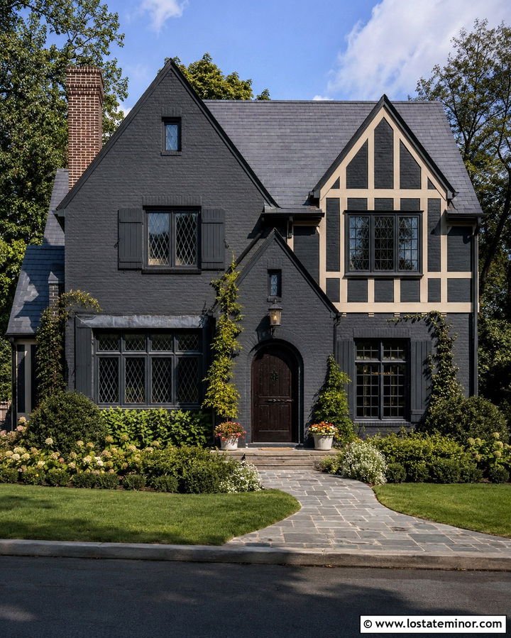 Soft Black Tudor With Charcoal Shutters - 30 Soft Black House Design With Shutters Ideas