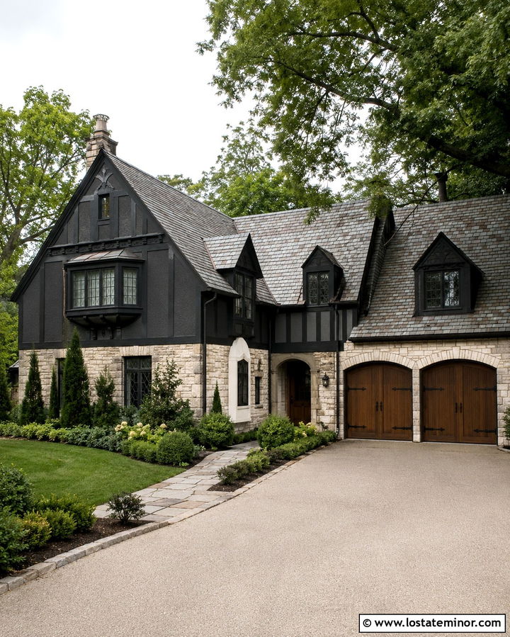 Soft Black Tudor With Dark Oak Garage Door - 30 Soft Black House Design With Garage Door Ideas
