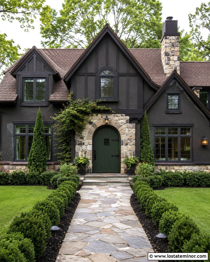 Soft Black Tudor With Forest Green Entry Door - 30 Soft Black House Design With Entry Door Ideas