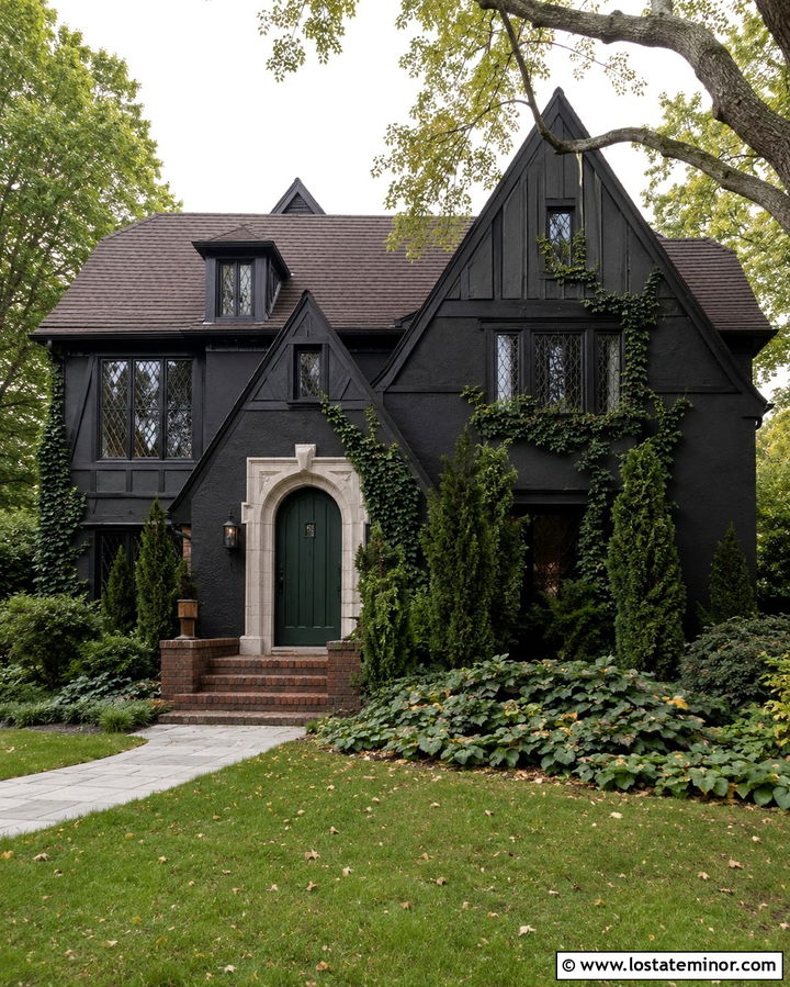 Soft Black Tudor With Forest Green Front Door - 30 Soft Black House Design With Front Door Ideas