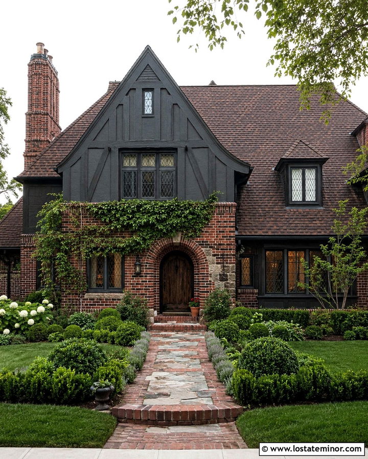Soft Black Tudor With Mixed Red Brick - 30 Soft Black House Design With Brick Accents Ideas