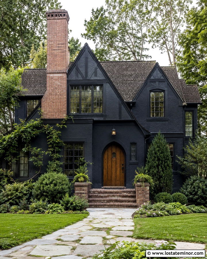Soft Black Tudor With Old Brick Chimney - 30 Soft Black House Design With Chimney Ideas