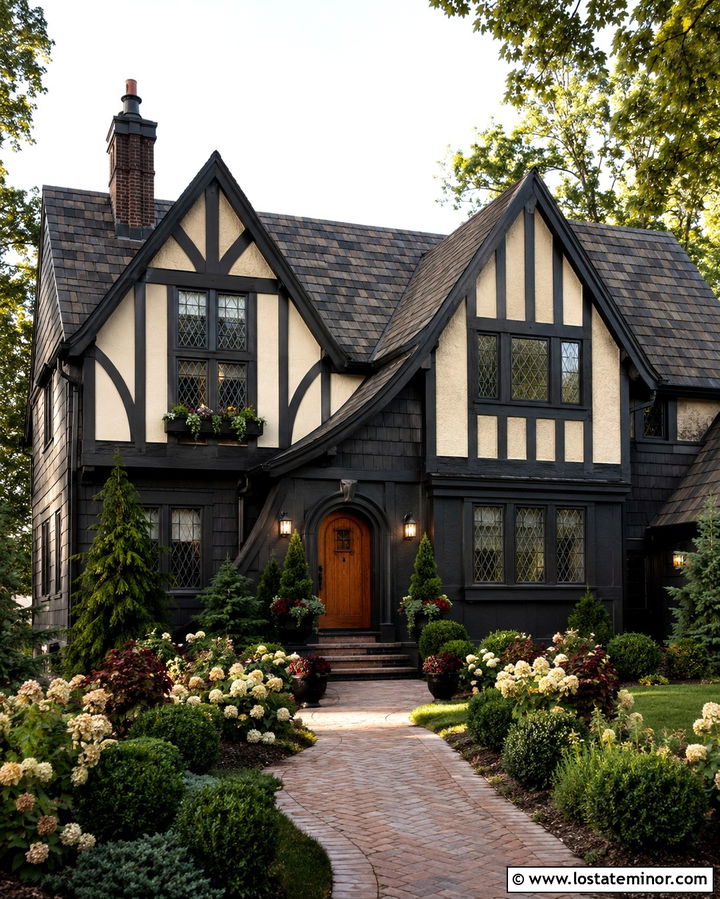 Soft Black Tudor With Wrought Iron Window Boxes - 30 Soft Black House Design With Window Boxes Ideas