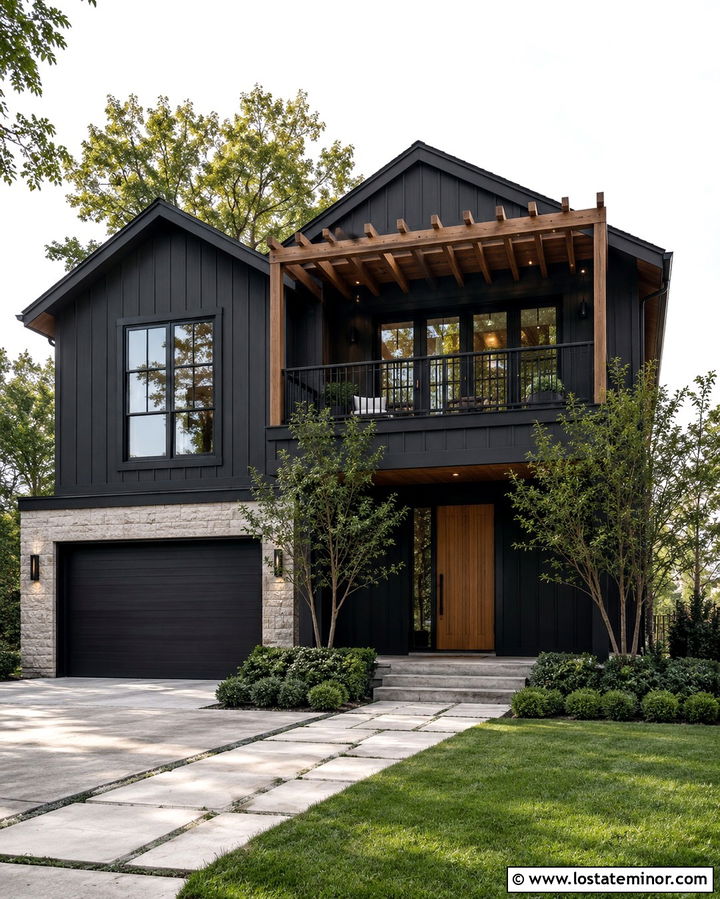 Soft Black Two Story House With Balcony Pergola - 30 Soft Black House Design With Pergola Ideas