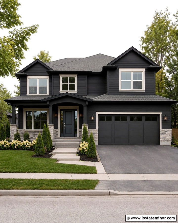 Soft Black Two Story House With Charcoal Front Door - 30 Soft Black House Design With Front Door Ideas