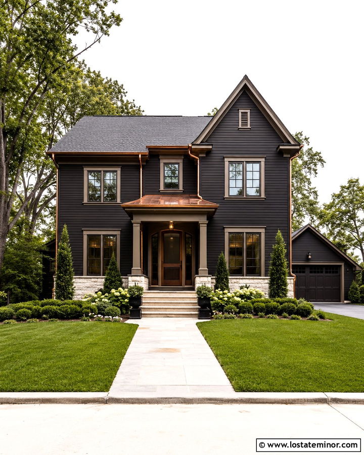 Soft Black Two Story House With Copper Screen Door - 30 Soft Black House Design With Screen Door Ideas