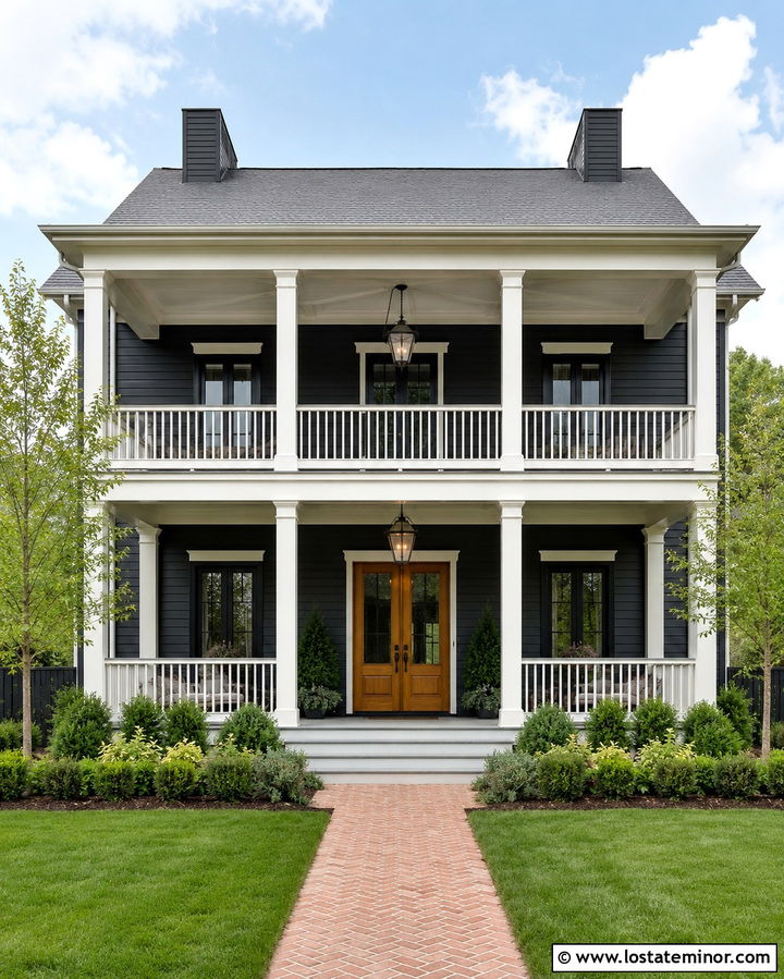Soft Black Two Story House With Double Porch - 30 Soft Black House Design With Front Porch Ideas