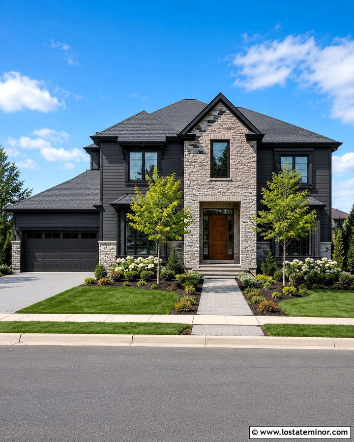 Soft Black Two Story House With Stone Entry - 30 Soft Black House Design With Stone Accents Ideas