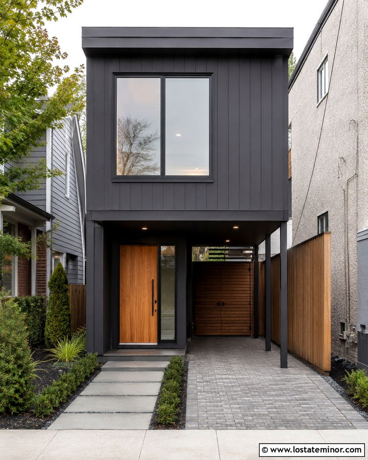 Soft Black Urban House With Narrow Carport - 30 Soft Black House Design With Carport Ideas