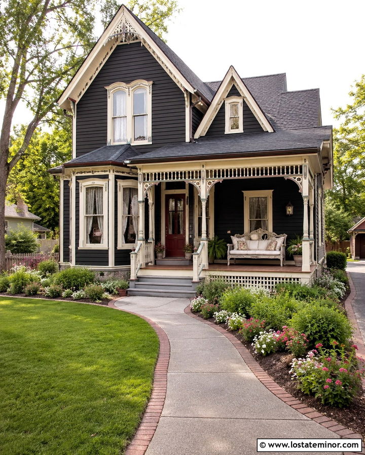 Soft Black Victorian House With Carved Daybed - 30 Soft Black House Design With Daybed Ideas