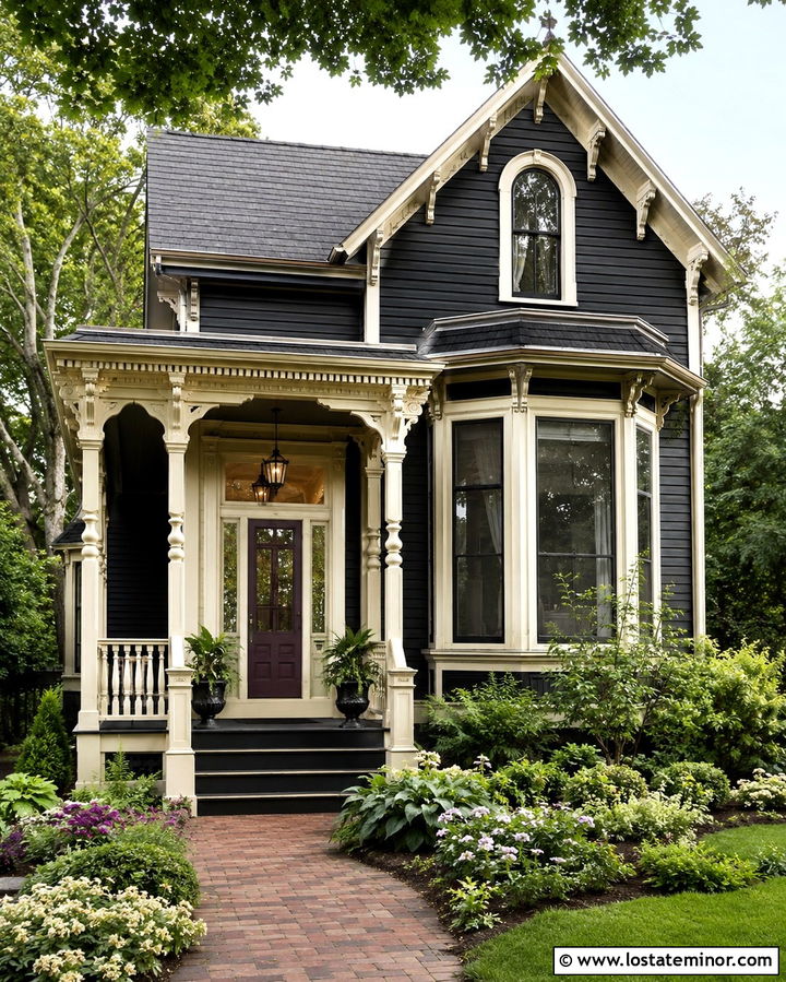 Soft Black Victorian House With Cream Storm Door - 30 Soft Black House Design With Storm Door Ideas