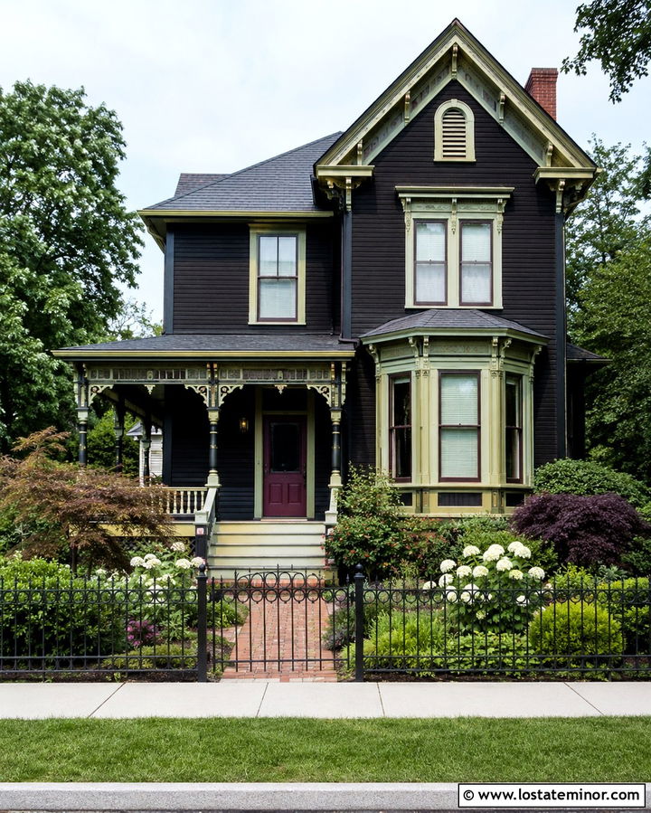 Soft Black Victorian House With Decorative Fence - 30 Soft Black House Design With Fence Ideas