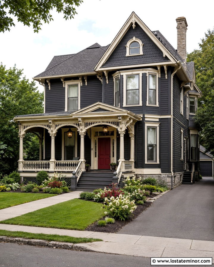 Soft Black Victorian House With Decorative Lanterns - 30 Soft Black House Design With Lighting Ideas