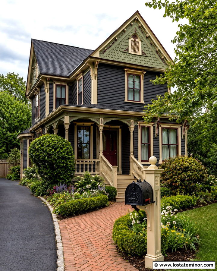 Soft Black Victorian House With Decorative Mailbox - 30 Soft Black House Design With Mailbox Ideas