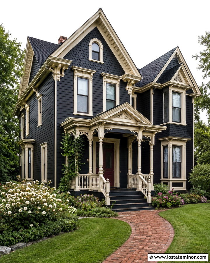 Soft Black Victorian House With Decorative Portico - 30 Soft Black House Design With Portico Ideas