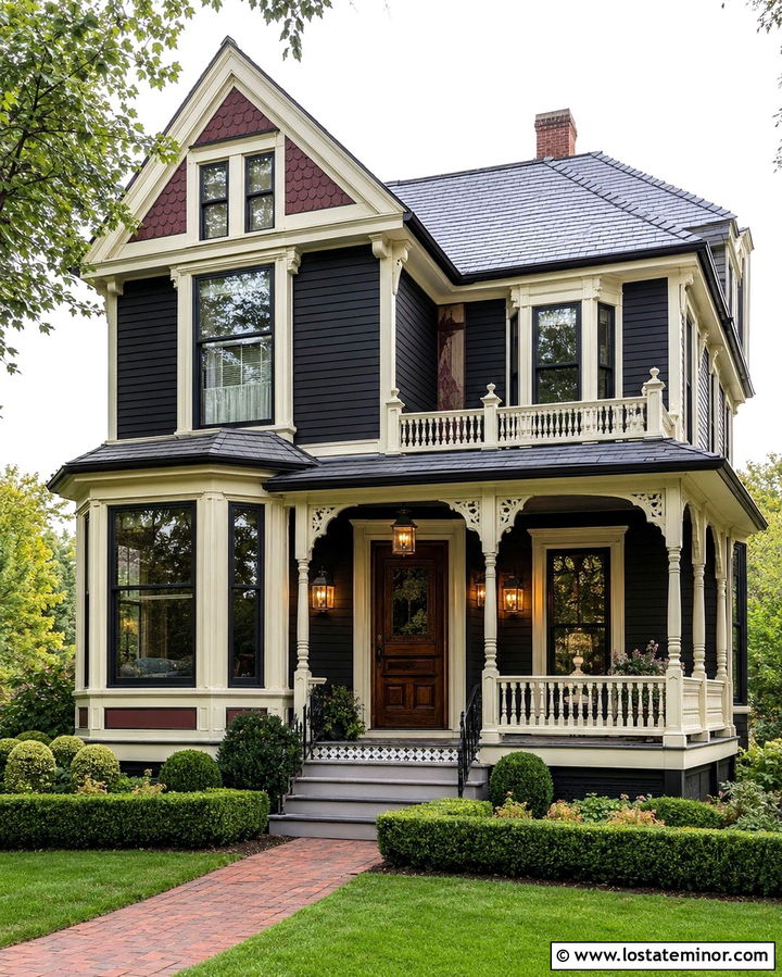 Soft Black Victorian House With Gas Lanterns - 30 Soft Black House Design With Light Fixtures Ideas