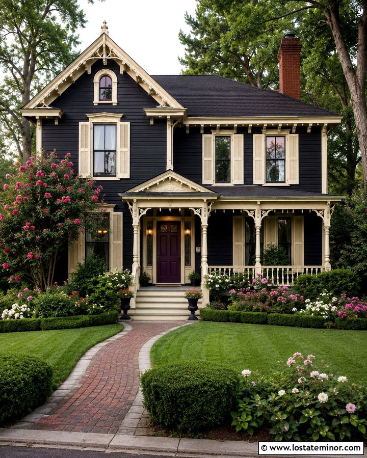 Soft Black Victorian House With Ivory Shutters - 30 Soft Black House Design With Shutters Ideas