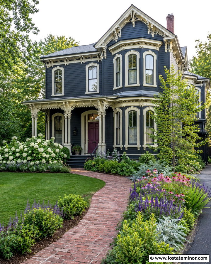 Soft Black Victorian House With Layered Flowers - 30 Soft Black House Design With Landscaping Ideas