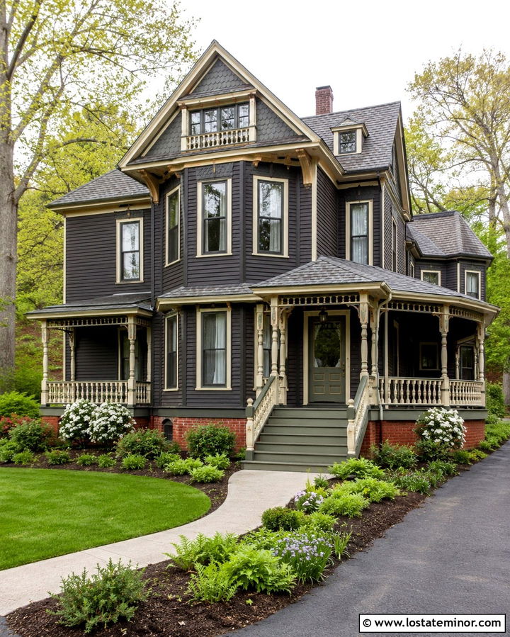 Soft Black Victorian House With Painted Deck - 30 Soft Black House Design With Deck Ideas