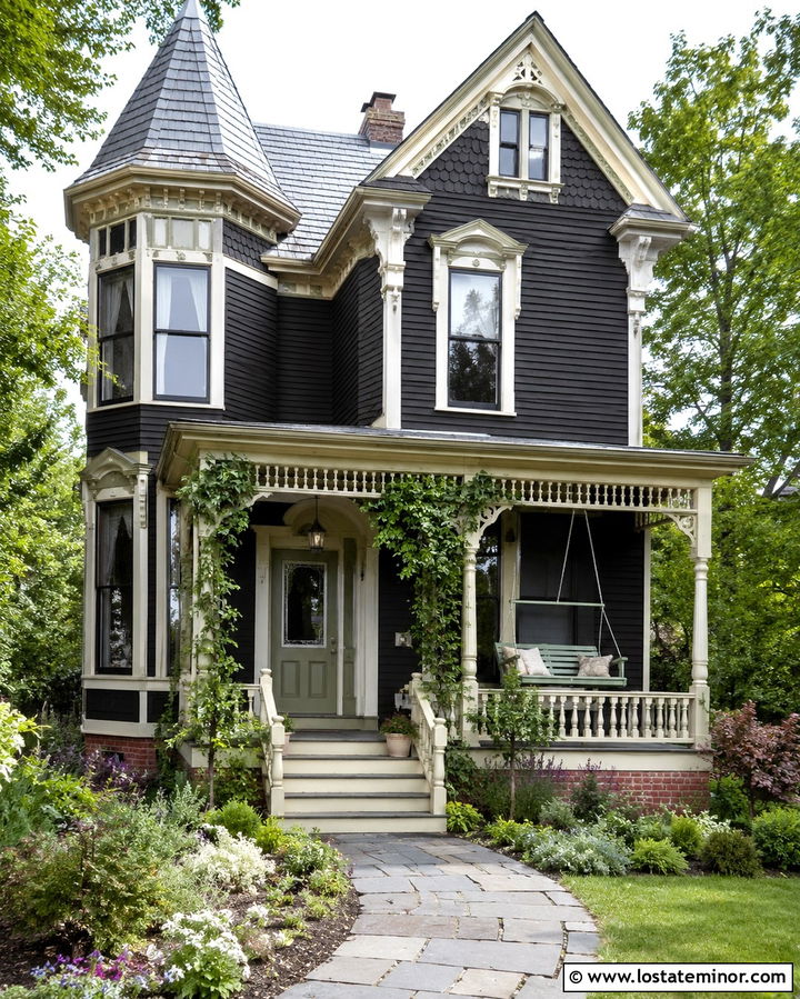 Soft Black Victorian House With Painted Swing - 30 Soft Black House Design With Swing Ideas
