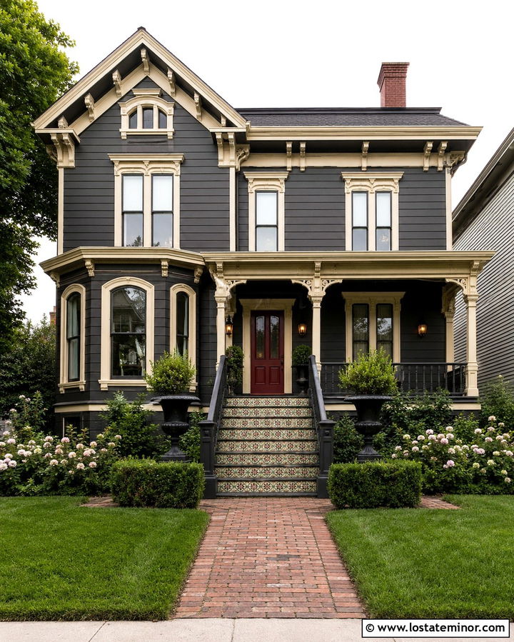 Soft Black Victorian House With Tiled Steps - 30 Soft Black House Design With Steps Ideas