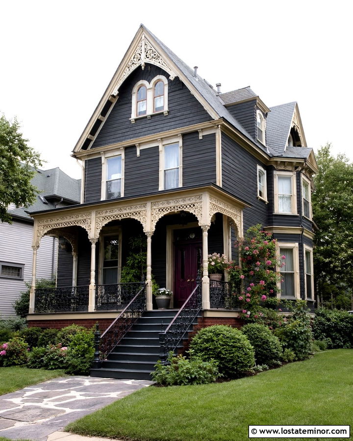 Soft Black Victorian House With Wrought Iron Railings - 30 Soft Black House Design With Railings Ideas