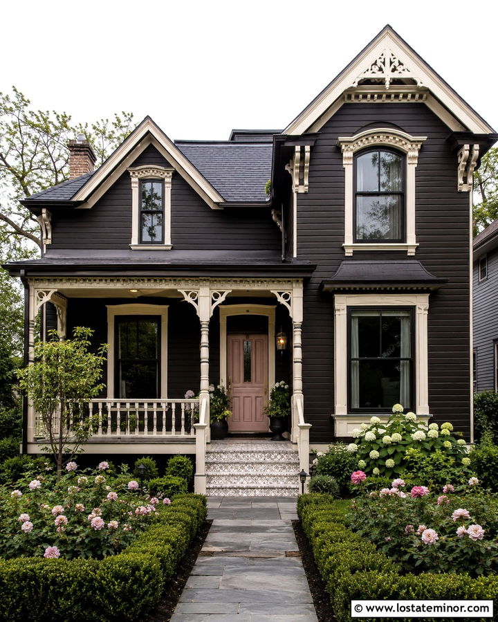 Soft Black Victorian With Blush Pink Front Door - 30 Soft Black House Design With Front Door Ideas