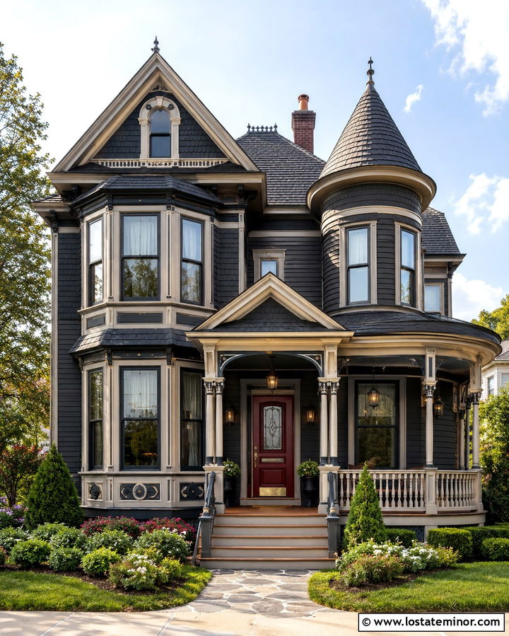 Soft Black Victorian With Burgundy Entry Door - 30 Soft Black House Design With Entry Door Ideas