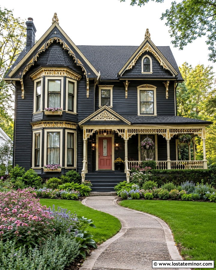 Soft Black Victorian With Cream Window Boxes - 30 Soft Black House Design With Window Boxes Ideas